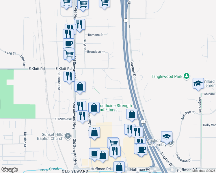 map of restaurants, bars, coffee shops, grocery stores, and more near 11751 Birch Knoll Loop in Anchorage