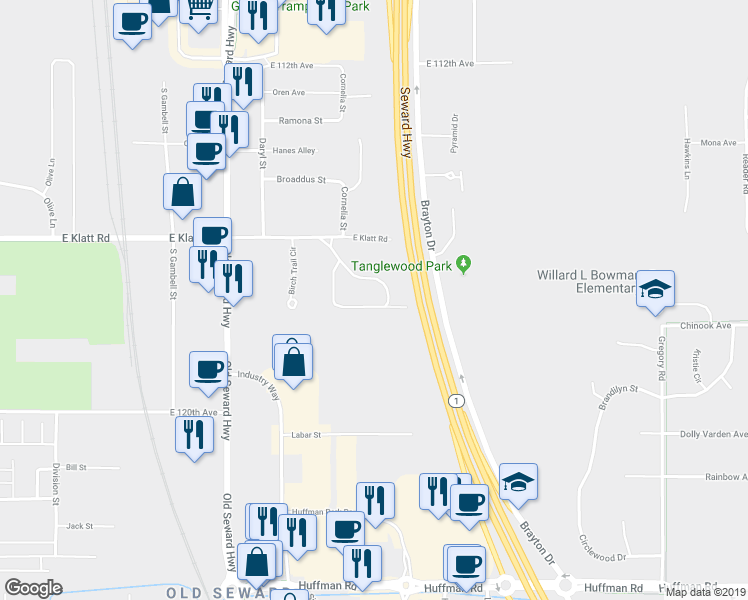map of restaurants, bars, coffee shops, grocery stores, and more near 11725 Birch Knoll Loop in Anchorage