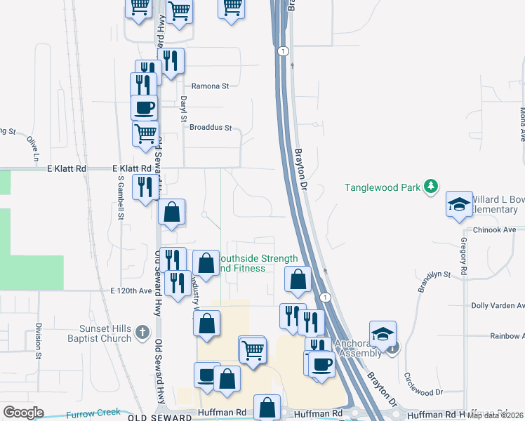 map of restaurants, bars, coffee shops, grocery stores, and more near 11723 Birch Knoll Loop in Anchorage
