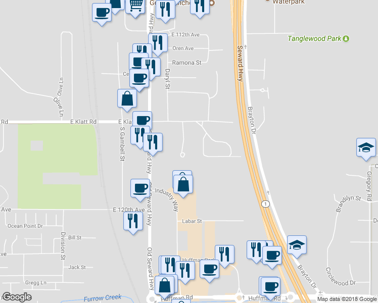 map of restaurants, bars, coffee shops, grocery stores, and more near 11721 Birch Trail Circle in Anchorage