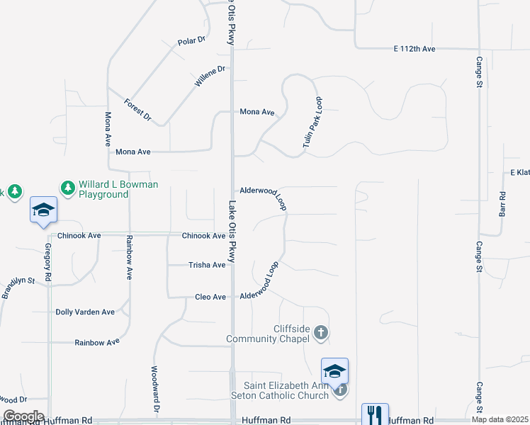 map of restaurants, bars, coffee shops, grocery stores, and more near 2731 Avalon Circle in Anchorage