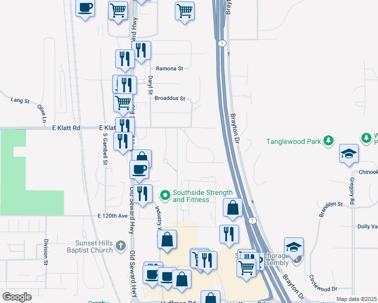 map of restaurants, bars, coffee shops, grocery stores, and more near 11752 Birch Knoll Loop in Anchorage