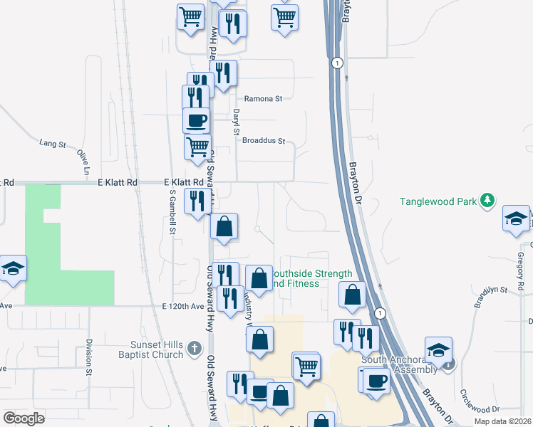 map of restaurants, bars, coffee shops, grocery stores, and more near 11701 Birch Trail Circle in Anchorage