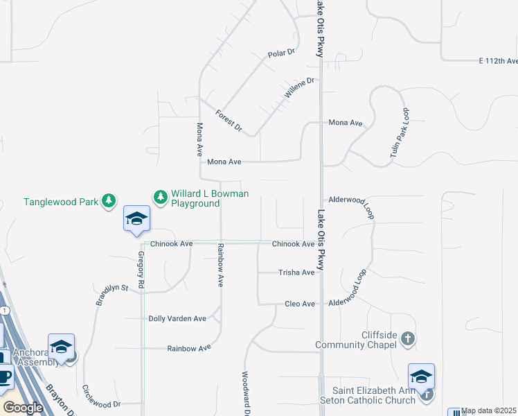 map of restaurants, bars, coffee shops, grocery stores, and more near 2375 Chinook Avenue in Anchorage