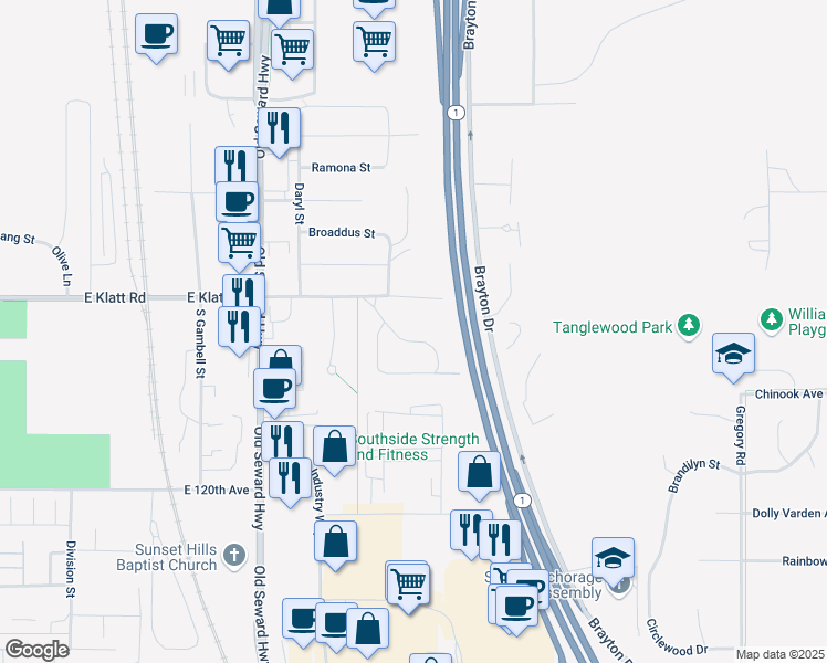map of restaurants, bars, coffee shops, grocery stores, and more near 11723 Birch Knoll Loop in Anchorage