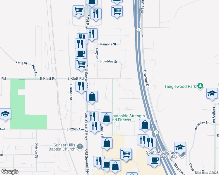 map of restaurants, bars, coffee shops, grocery stores, and more near 11731 Birch Trail Circle in Anchorage