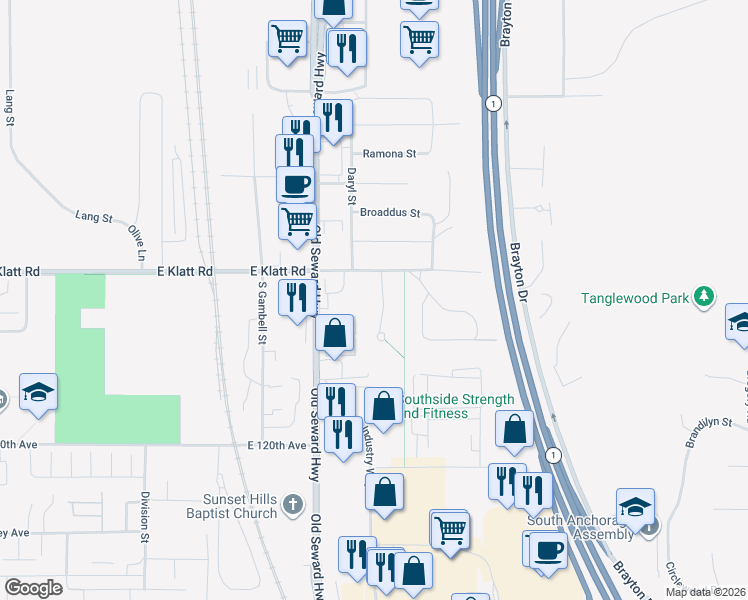map of restaurants, bars, coffee shops, grocery stores, and more near 11630 Birch Trail Circle in Anchorage