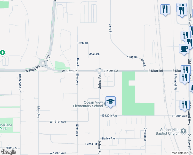 map of restaurants, bars, coffee shops, grocery stores, and more near 11600 Nix Court in Anchorage