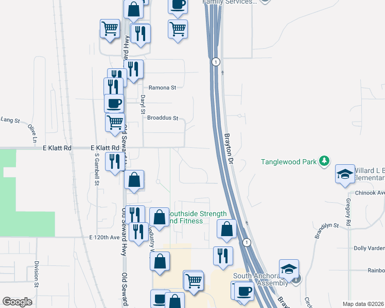 map of restaurants, bars, coffee shops, grocery stores, and more near 1321 East Klatt Road in Anchorage