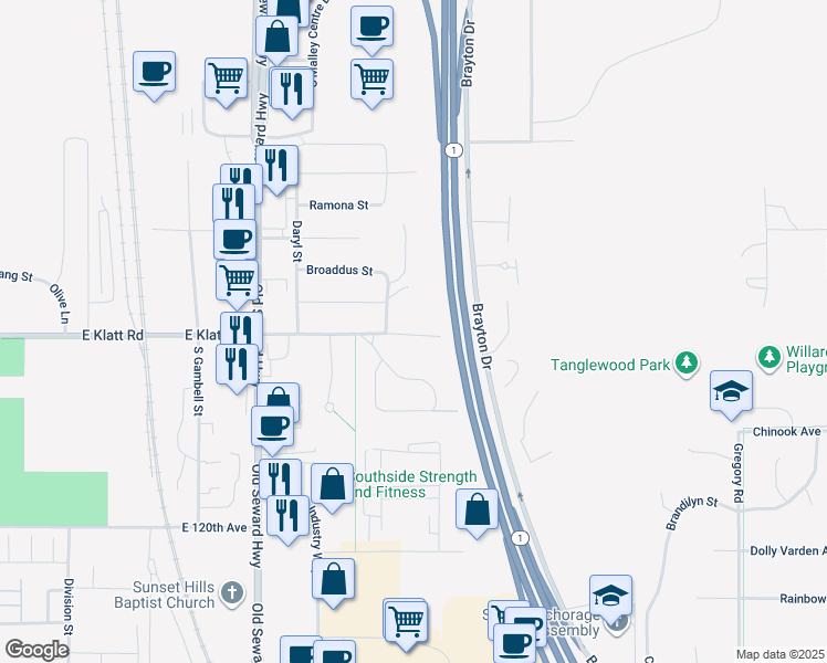 map of restaurants, bars, coffee shops, grocery stores, and more near 1321 East Klatt Road in Anchorage