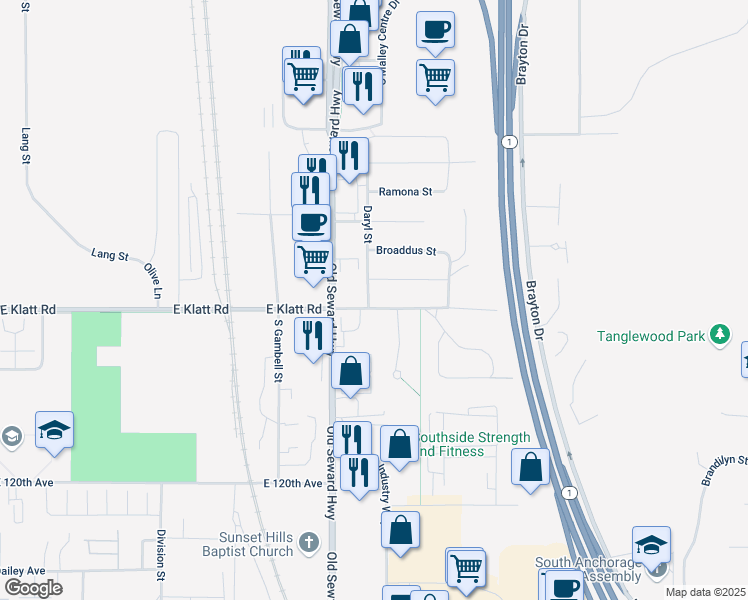 map of restaurants, bars, coffee shops, grocery stores, and more near 1053 East Klatt Road in Anchorage