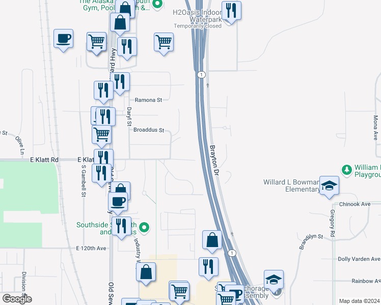 map of restaurants, bars, coffee shops, grocery stores, and more near 1321 East Klatt Road in Anchorage