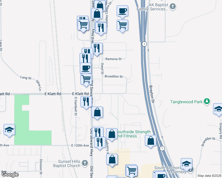 map of restaurants, bars, coffee shops, grocery stores, and more near 1107 East Klatt Road in Anchorage