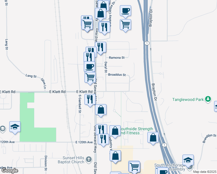 map of restaurants, bars, coffee shops, grocery stores, and more near 1055 East Klatt Road in Anchorage