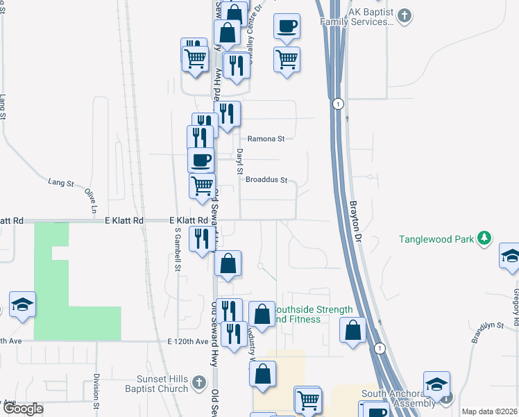 map of restaurants, bars, coffee shops, grocery stores, and more near 1107 East Klatt Road in Anchorage