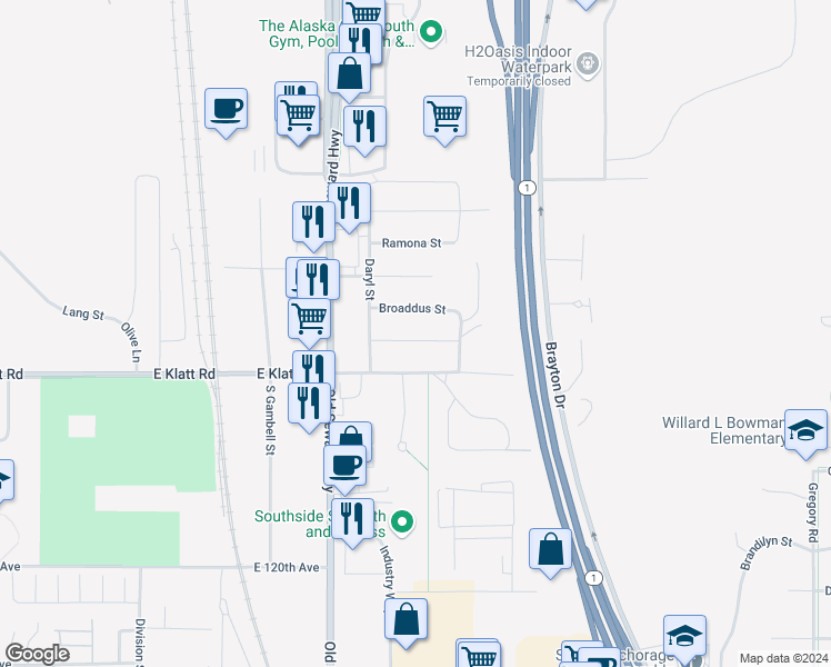 map of restaurants, bars, coffee shops, grocery stores, and more near 1106 Broaddus Street in Anchorage