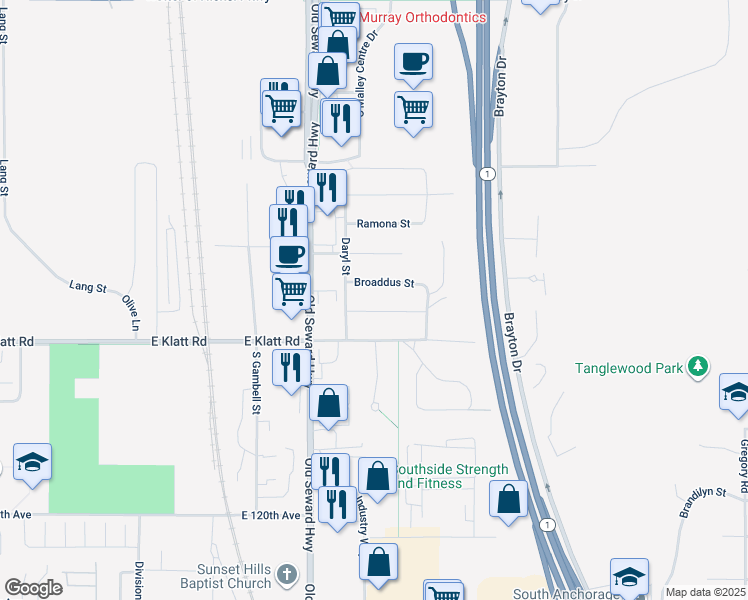 map of restaurants, bars, coffee shops, grocery stores, and more near 1107 East Klatt Road in Anchorage