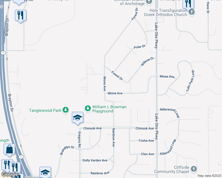 map of restaurants, bars, coffee shops, grocery stores, and more near 11322 Forest Drive in Anchorage