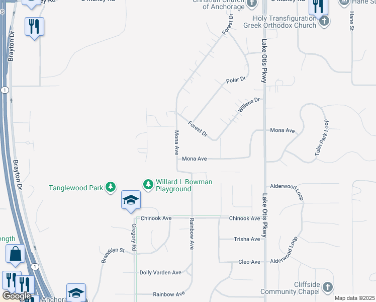 map of restaurants, bars, coffee shops, grocery stores, and more near 11322 Forest Drive in Anchorage