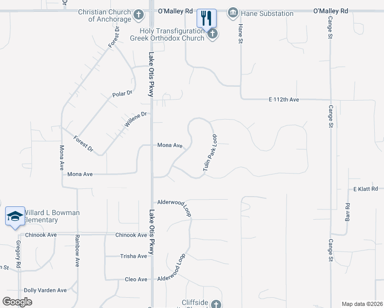 map of restaurants, bars, coffee shops, grocery stores, and more near 11493 Tulin Park Loop in Anchorage