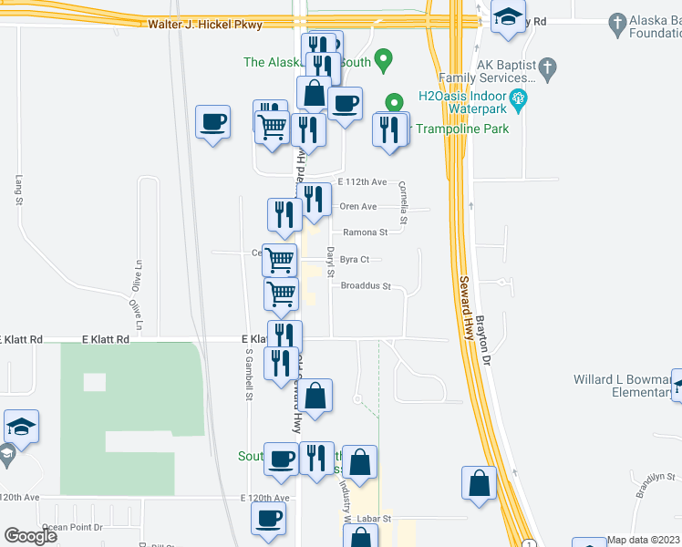 map of restaurants, bars, coffee shops, grocery stores, and more near 11401 Daryl Street in Anchorage