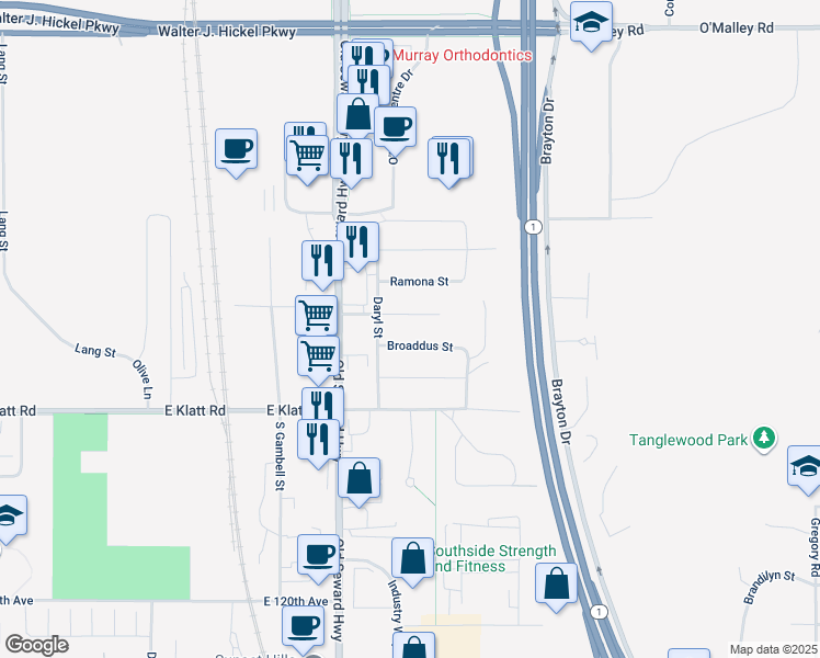map of restaurants, bars, coffee shops, grocery stores, and more near 1107 Broaddus Street in Anchorage