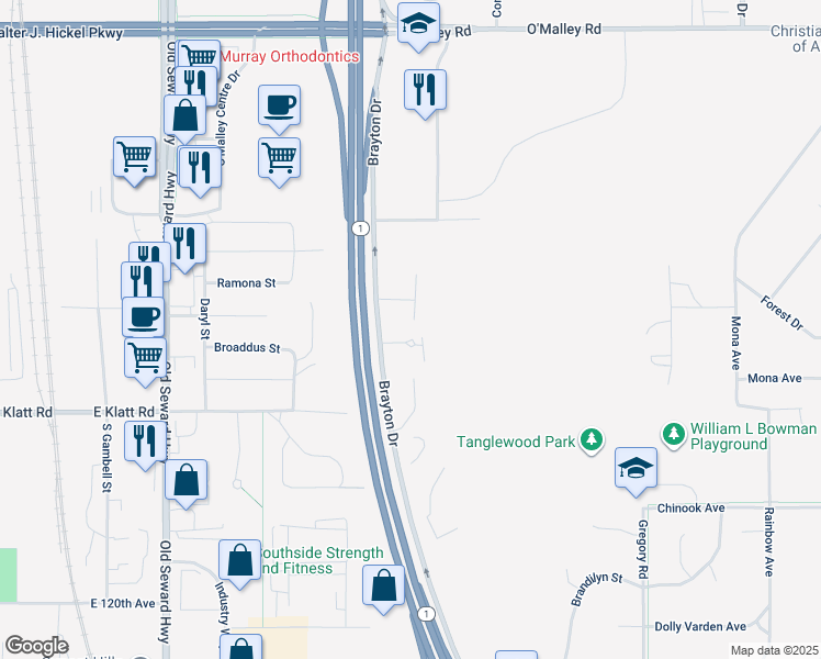map of restaurants, bars, coffee shops, grocery stores, and more near 11400 Moonrise Ridge Place in Anchorage