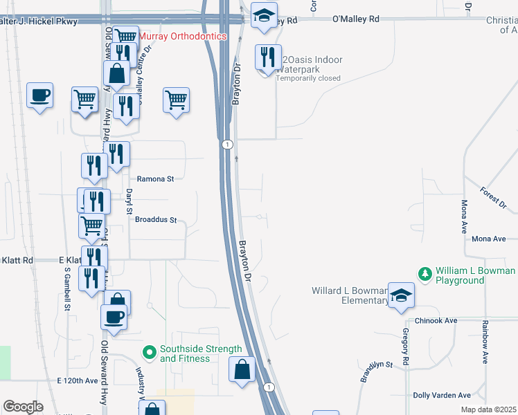 map of restaurants, bars, coffee shops, grocery stores, and more near 11400 Moonrise Ridge Place in Anchorage