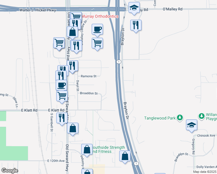 map of restaurants, bars, coffee shops, grocery stores, and more near 11425 Spyglass Hill Circle in Anchorage