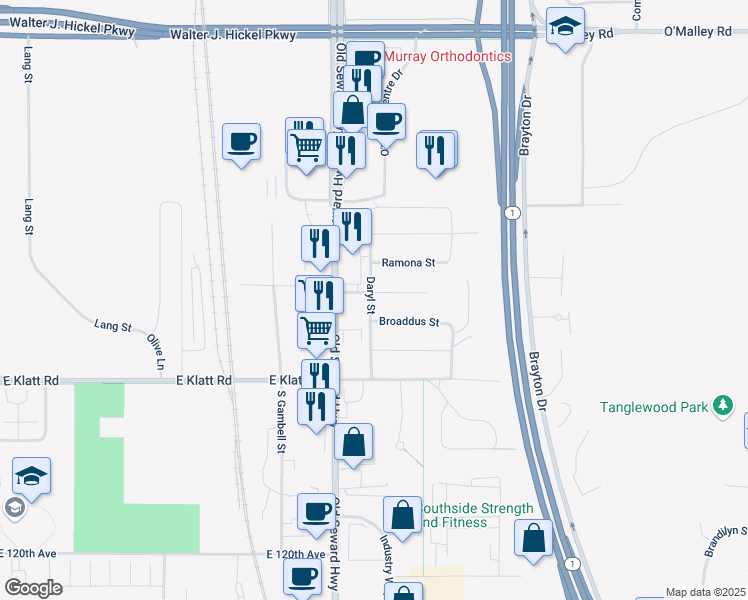 map of restaurants, bars, coffee shops, grocery stores, and more near 11401 Daryl Street in Anchorage