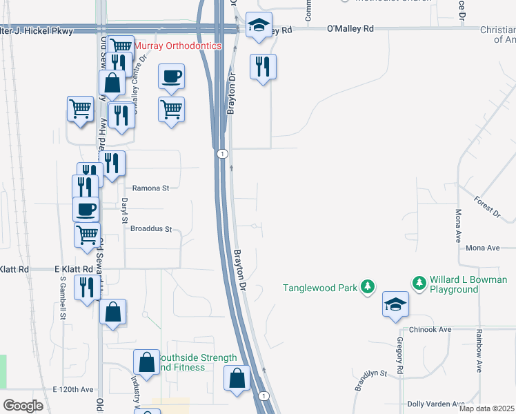 map of restaurants, bars, coffee shops, grocery stores, and more near 11331 Pyramid Drive in Anchorage