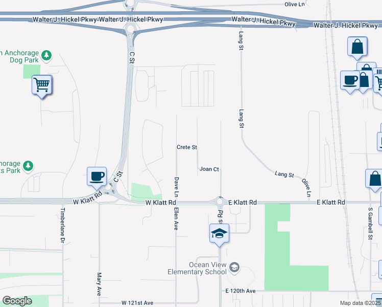 map of restaurants, bars, coffee shops, grocery stores, and more near 11401 David Place in Anchorage