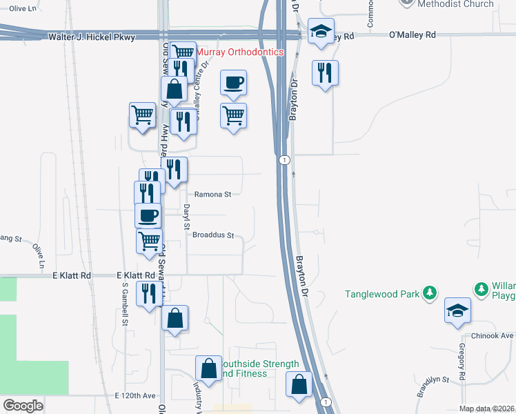 map of restaurants, bars, coffee shops, grocery stores, and more near 11371 Spyglass Hill Circle in Anchorage