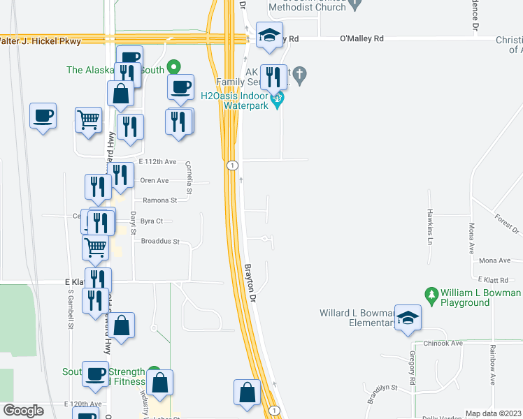 map of restaurants, bars, coffee shops, grocery stores, and more near 11301-11331 Pyramid Drive in Anchorage