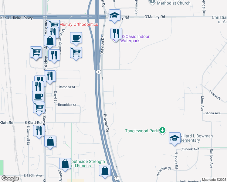 map of restaurants, bars, coffee shops, grocery stores, and more near 11400 Moonrise Ridge Place in Anchorage