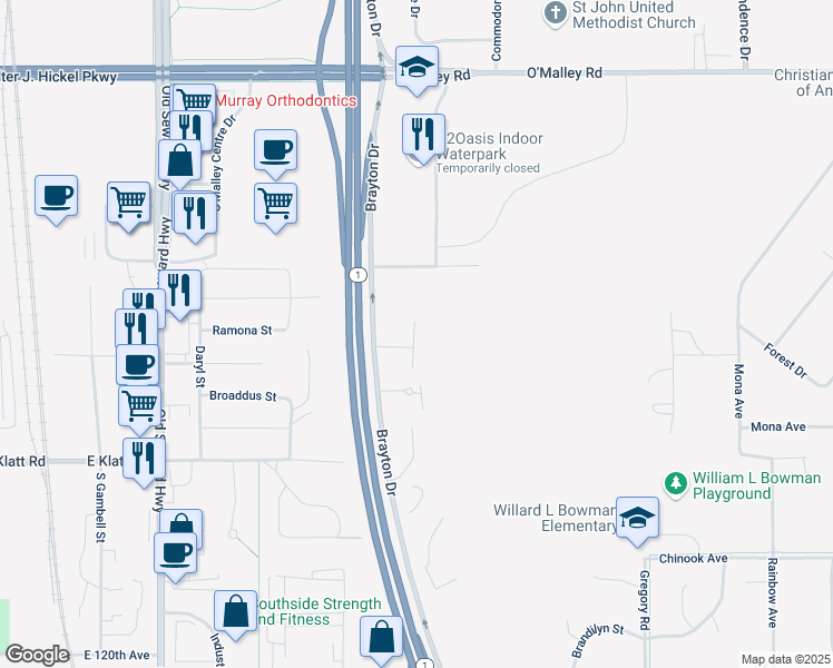 map of restaurants, bars, coffee shops, grocery stores, and more near 11400 Moonrise Ridge Place in Anchorage