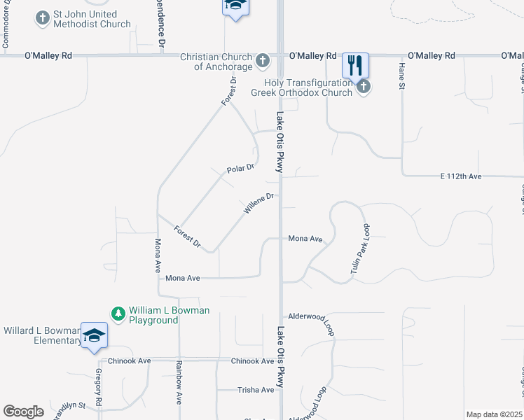 map of restaurants, bars, coffee shops, grocery stores, and more near 11210 Willene Drive in Anchorage