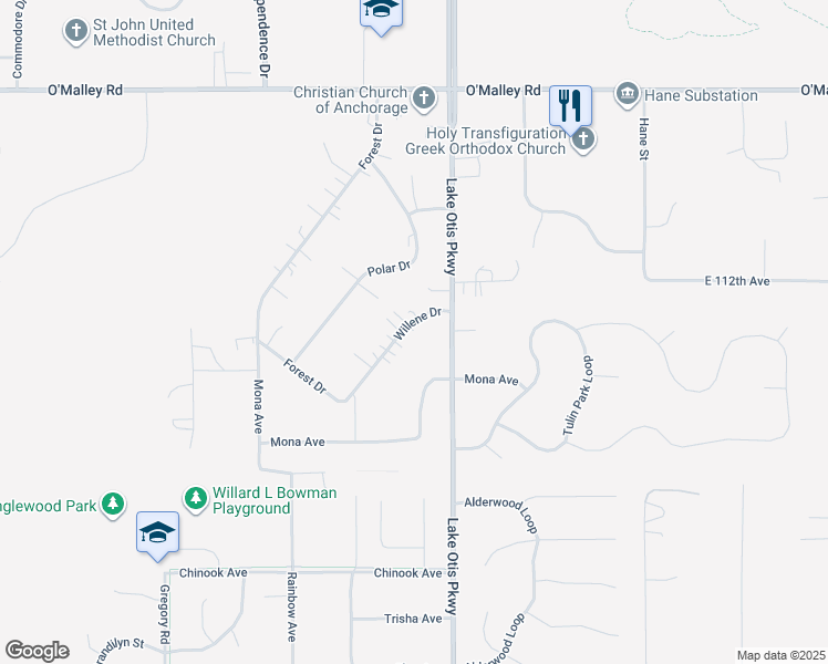 map of restaurants, bars, coffee shops, grocery stores, and more near 11210 Willene Drive in Anchorage