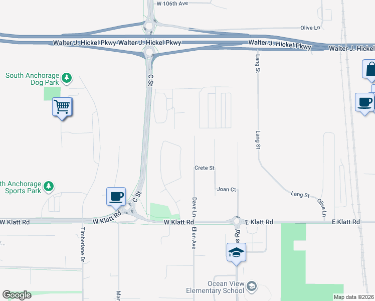 map of restaurants, bars, coffee shops, grocery stores, and more near 11245 Vía Balboa in Anchorage