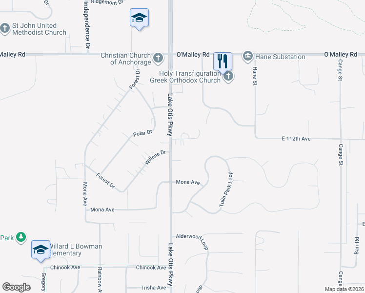 map of restaurants, bars, coffee shops, grocery stores, and more near 2620 East 112th Avenue in Anchorage