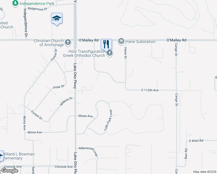 map of restaurants, bars, coffee shops, grocery stores, and more near 2801 East 112th Avenue in Anchorage