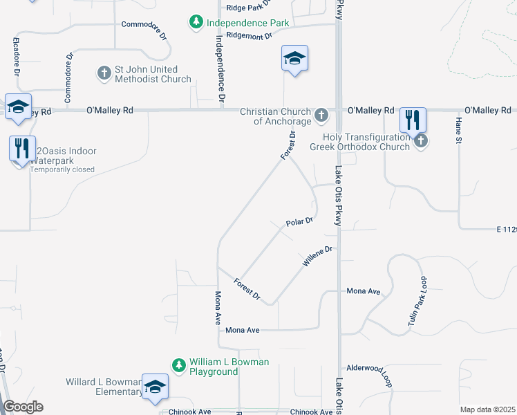 map of restaurants, bars, coffee shops, grocery stores, and more near 11101 Forest Drive in Anchorage