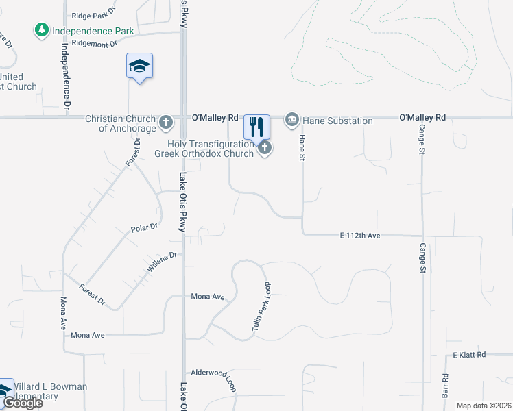 map of restaurants, bars, coffee shops, grocery stores, and more near 2801 East 112th Avenue in Anchorage