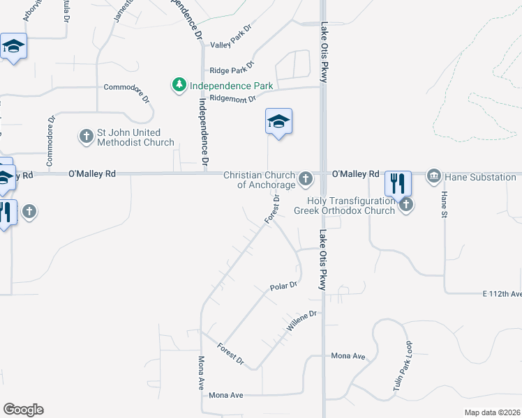map of restaurants, bars, coffee shops, grocery stores, and more near 10900 Forest Drive in Anchorage