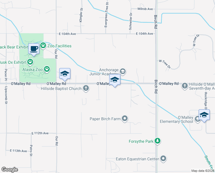 map of restaurants, bars, coffee shops, grocery stores, and more near 5441 O'Malley Road in Anchorage