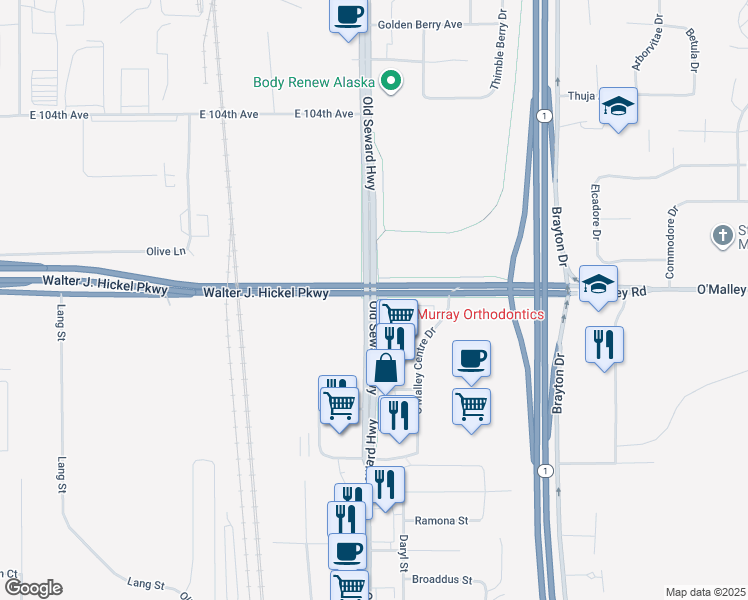 map of restaurants, bars, coffee shops, grocery stores, and more near 10803 Old Seward Highway in Anchorage