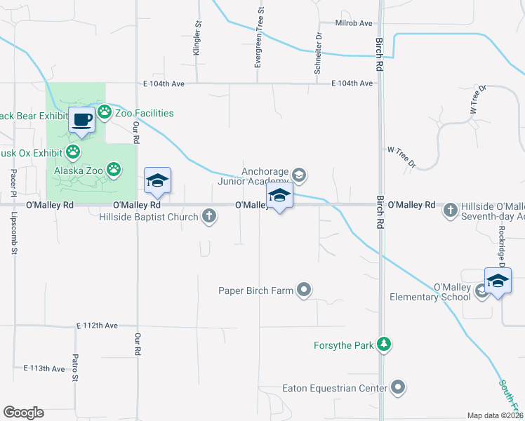 map of restaurants, bars, coffee shops, grocery stores, and more near 5441 O'Malley Road in Anchorage