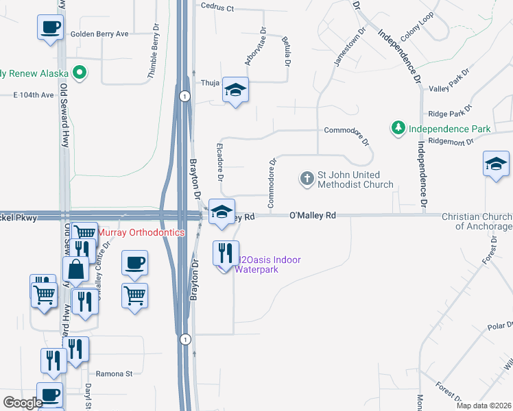 map of restaurants, bars, coffee shops, grocery stores, and more near 1511 Elcadore Drive in Anchorage