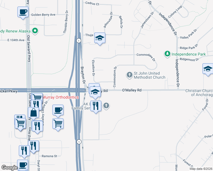map of restaurants, bars, coffee shops, grocery stores, and more near 1501 Elcadore Drive in Anchorage