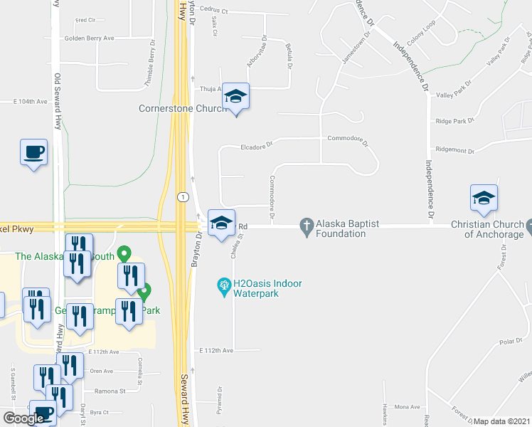 map of restaurants, bars, coffee shops, grocery stores, and more near 1501 Elcadore Drive in Anchorage